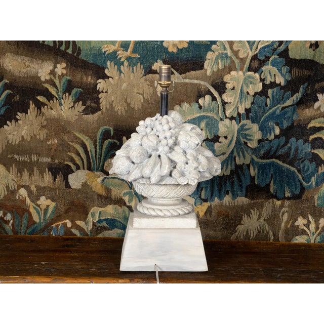 Metal French 1940s Carved Stone Table Lamp Depicting a Fruit Bowl on Pedestal For Sale - Image 7 of 10