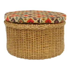 Vintage Coastal Braided Rattan Cane Stool With Velvet Seat