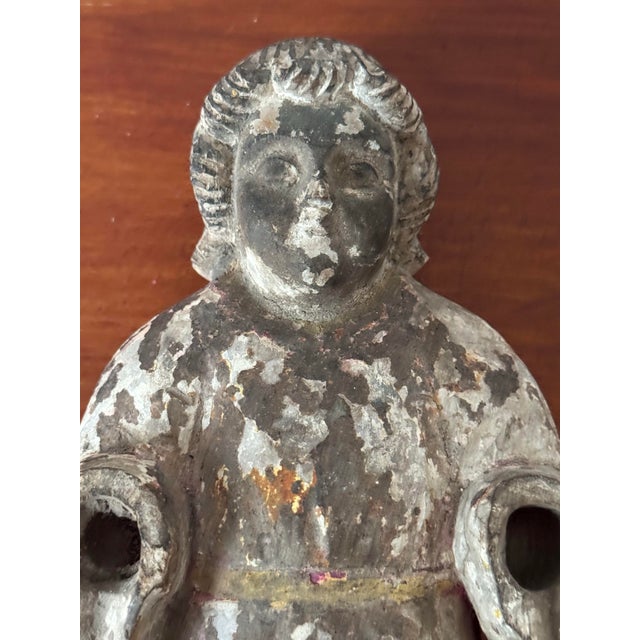 Gray Antique Wooden Santos Figure, Hand-Carved Polychrome Religious Folk Art Sculpture For Sale - Image 8 of 12