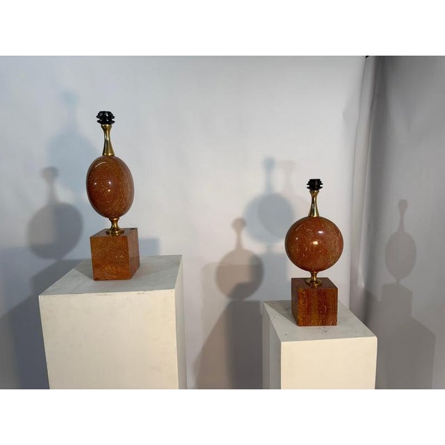 Red Travertine and Brass Lamps from Philippe Barbier, 1970s, Set of 2 For Sale - Image 9 of 13