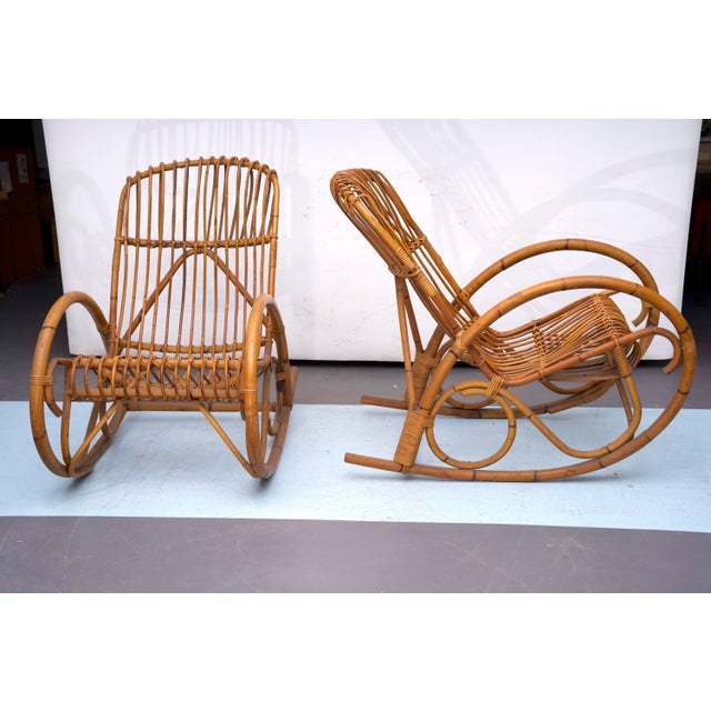 Mid-Century Modern Set of Rattan and Bamboo Rocking Chairs in the style of Franco Albini, Italy, 1950s For Sale - Image 3 of 17