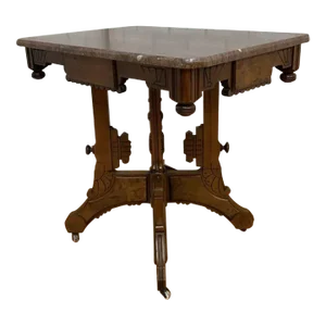 Antique Victorian Eastlake Style Carved Marble Top Parlor Accent Table