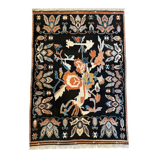 Vintage Anatolian Rug | 8' X 9'6" | Bold Floral Design on Black Field For Sale