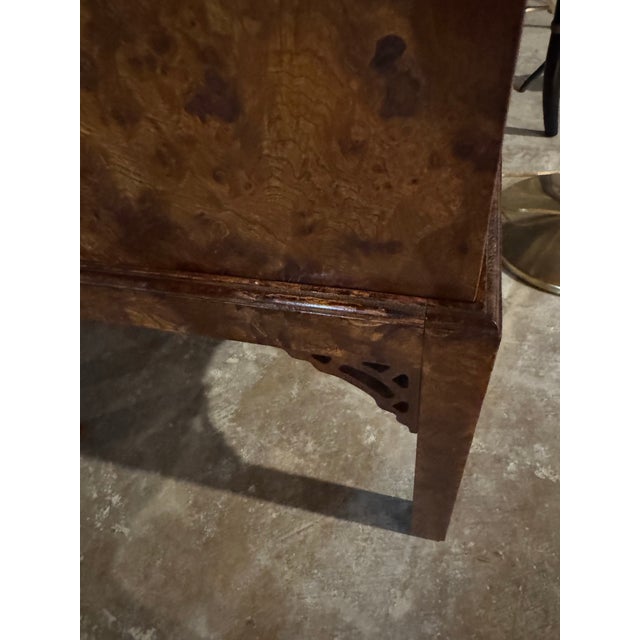 Pair of English Campaign Style Burl Wood Side Tables / Chests / Trunks on Stands – Anglo-Asian Influence, Chicago Merchandise Mart 1991 For Sale - Image 12 of 12
