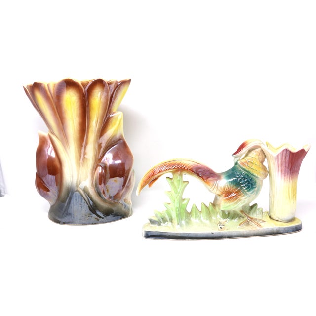 Cream Vintage Mid-Century Iridescent Pheasant Ceramic Vases — Matched Pair For Sale - Image 8 of 11