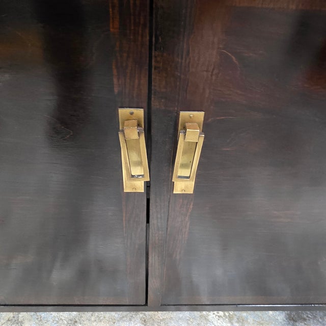 Hollywood Regency Campaign Style Ebonized Mahogany Credenza With Recessed Brass Pulls and Corner Mounts, 1970s For Sale - Image 9 of 15