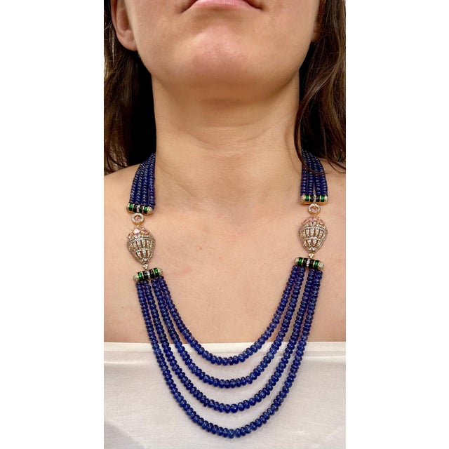 575 Ct Natural Tanzanite Bead Four Strand Necklace + 6.5 Ct Diamond 14 K Y Gold For Sale - Image 11 of 18