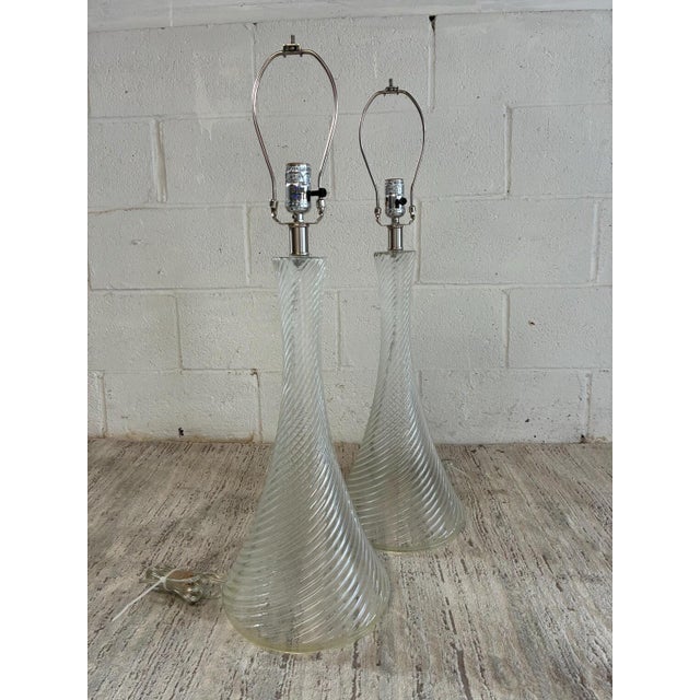 Pair of Swirl Art Glass Table Lamps – Vintage Sculptural Lighting – Mid Century Modern Statement Lamps – Hand Blown Glass...