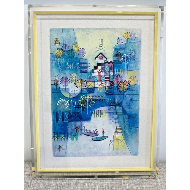 1970s Signed Heshi Yu “Abstract Village” Modernist Painting in Lucite Frame For Sale - Image 4 of 7