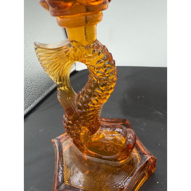 1950s Pair of Amber Colored Glass Dolphin Candlesticks For Sale - Image 4 of 6
