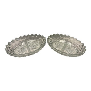 Vintage Clear Pressed Glass Divided Relish Dishes With Scalloped Rim | Mid-Century Oval Serving Trays - a Pair For Sale