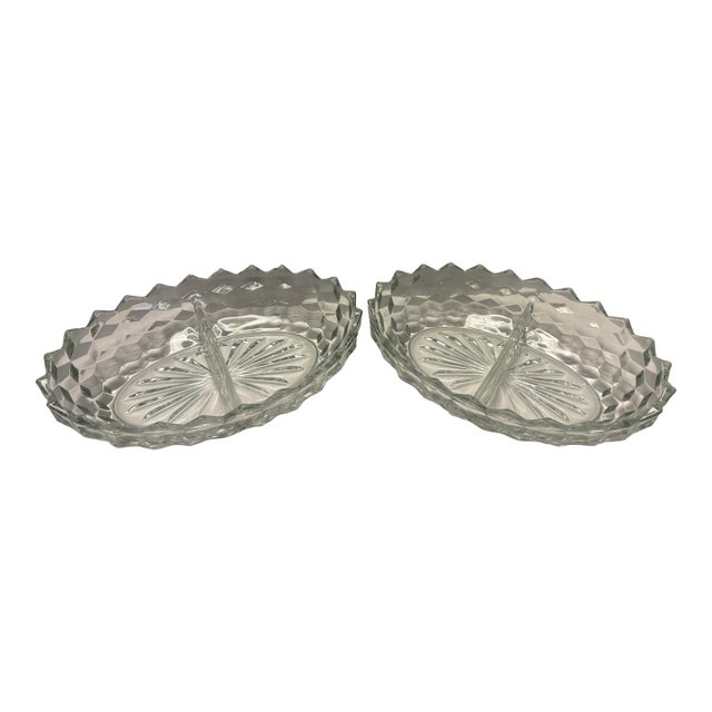 Vintage Clear Pressed Glass Divided Relish Dishes With Scalloped Rim | Mid-Century Oval Serving Trays - a Pair For Sale