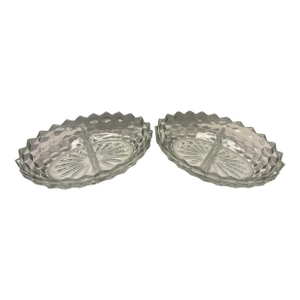 Vintage Clear Pressed Glass Divided Relish Dishes With Scalloped Rim | Mid-Century Oval Serving Trays - a Pair