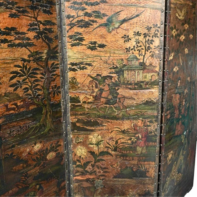 Chinoiserie 19th Century Chinoiserie Folding Screen, Hand-Painted Leather For Sale - Image 3 of 10