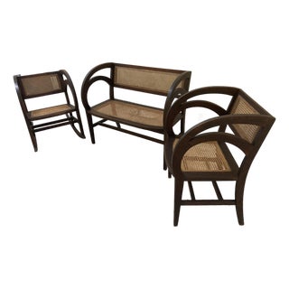 Early 20th Century Rare Form Art Deco Arts and Crafts Period Settee Bench and Chair Set With Caned Seats and Backs For Sale