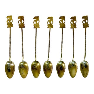 Late 19th C. Antique Art Deco Egyptian Sphinx Demitasse Spoons - Set of 7 For Sale