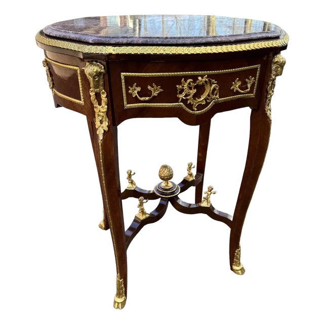 1960s French Louis XVI Pink Marble Mahogany Center Table With Bronze Decorations For Sale