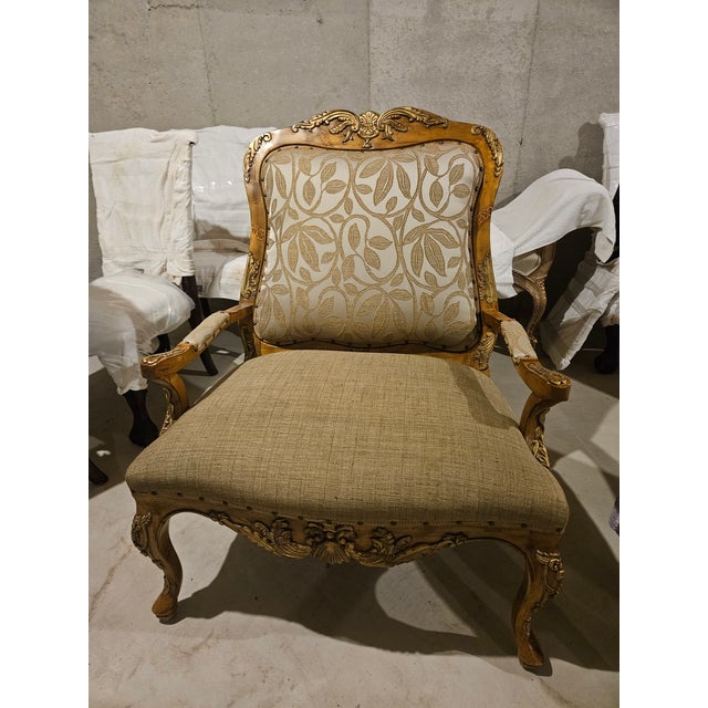 Chair name: Savanah This piece features a contoured backrest with a carved frame crest, accented by gold leaf pattern...