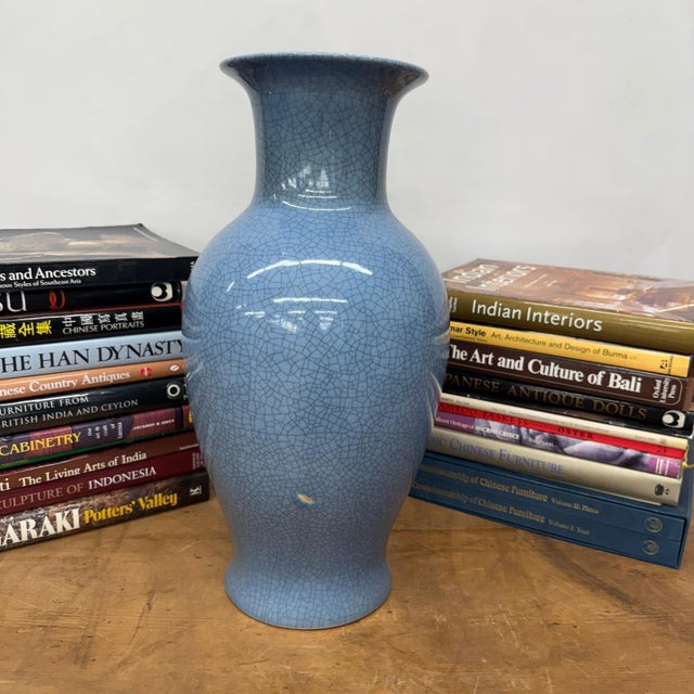 Late 20th Century Elegant Blue Ceramic Vase with Intricate Crackle Design For Sale - Image 5 of 8