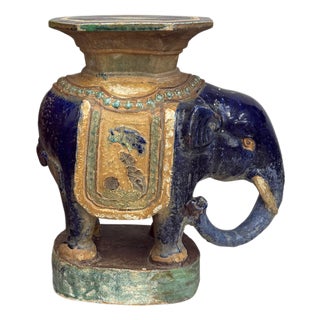 Blue Ceramic Elephant Pedestal Stand For Sale