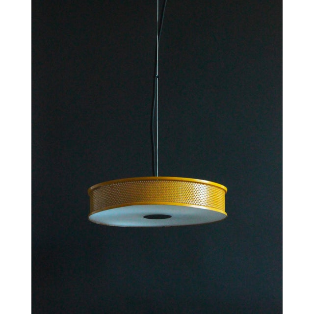 Mid-Century Modern Circular Yellow Lacquered Metal 2-Light Pendant in the style of Jacques Biny, 1960s For Sale - Image 3 of 8