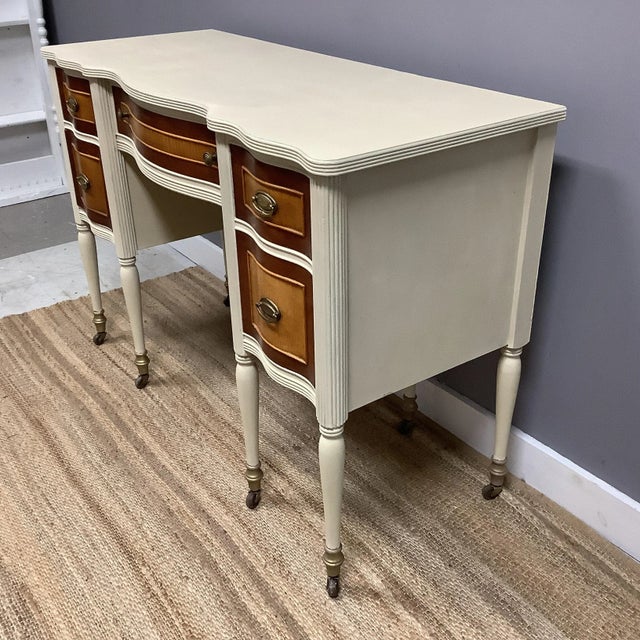 Vintage Painted French Desk Creamy Beige Wood Tones Gold Accents 5 Drawers For Sale - Image 9 of 11