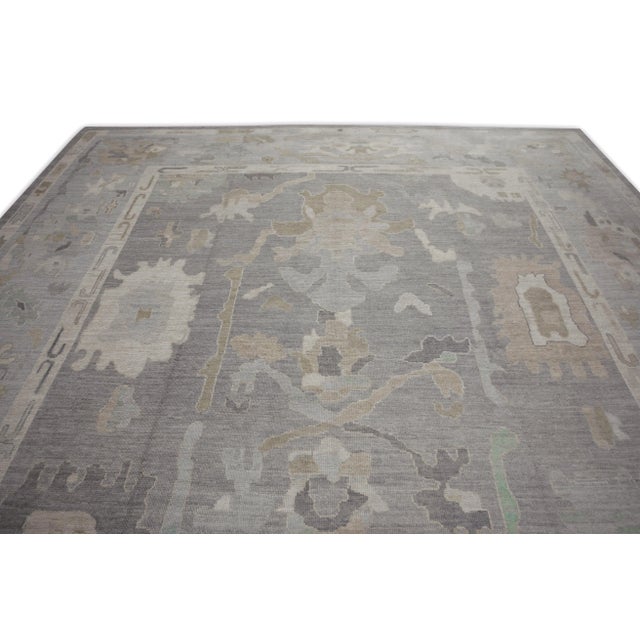 Early 21st Century Blue Floral Design Handwoven Wool Turkish Oushak Rug 12'1" X 15'6" For Sale - Image 4 of 8