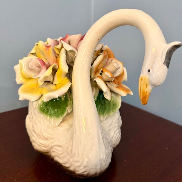 Capodimonte Vintage Italian Capodimonte Porcelain Swan Centerpiece With Sculpted Rose Bouquet For Sale - Image 4 of 12