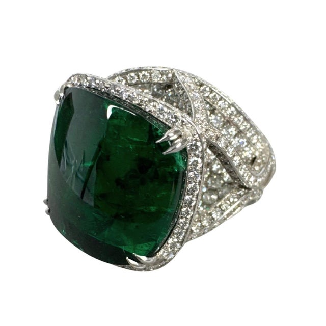 Metal 13.02 CTW Brazilian Emerald and Diamond Cocktail Ring in 18k White Gold, Size 6 For Sale - Image 7 of 12