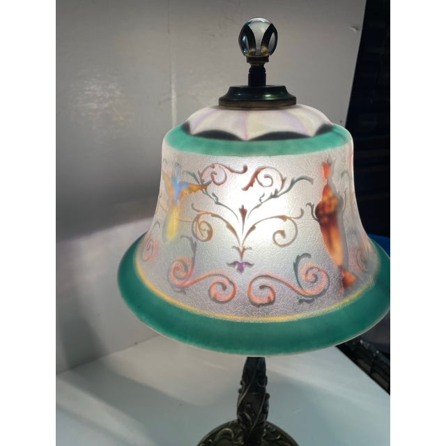 Pairpoint Glassworks 1930s Art Deco Signed Pairpoint Reverse Painted Lamp W/Bronze Base For Sale - Image 4 of 12