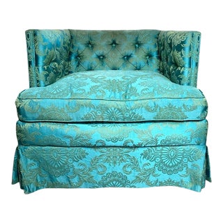 Mid Century W & J Sloane Turquoise Green Silk Tufted Lounge Down Filled Chair For Sale