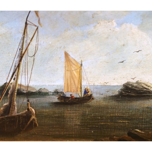 19th Century French Coastal Marine Oil Painting of Fishing Boats in Gilt Frame For Sale - Image 4 of 11