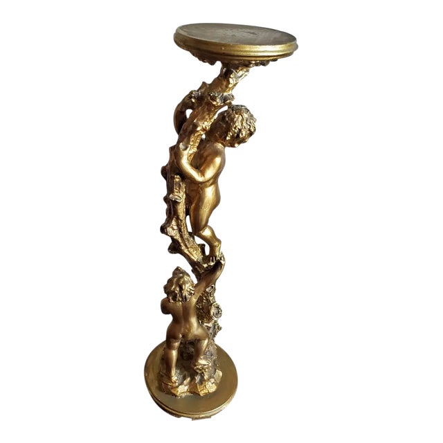 Early 20th Century Italian Gilded Two Putti Pedestal Table Stand For Sale