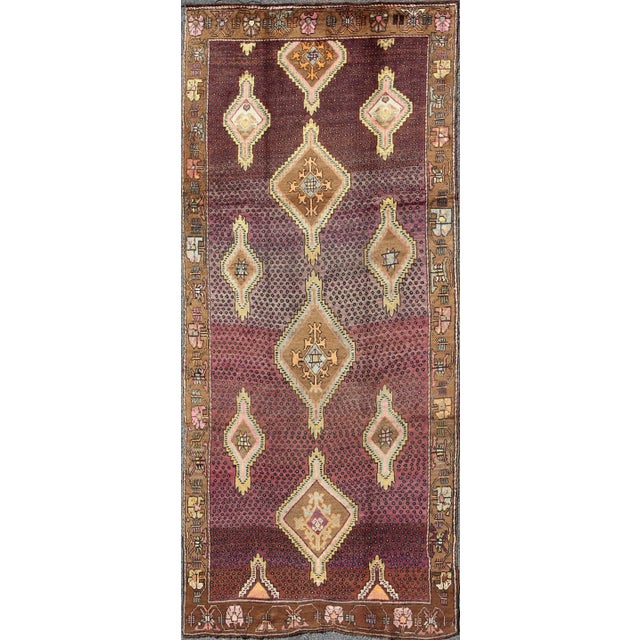 Vintage Turkish Medallion Oushak Kars Gallery Runner in Gold and Burgundy For Sale - Image 9 of 9
