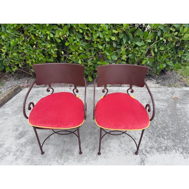 Coffee Vintage Scroll Arm Wrought Iron Patio Dining Chairs - Pair For Sale - Image 8 of 12