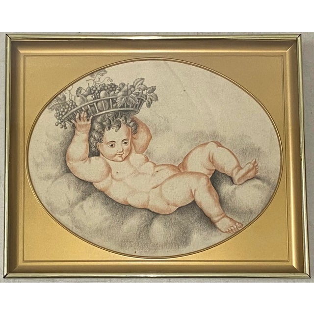Gray Early 19th Century French Graphite Drawing "New Year Baby" With Basket of Fruit C.1820 For Sale - Image 8 of 8