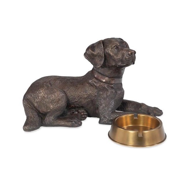 Brass labrador dog in a dark bronze finish with a dish to hold small items such as keys, paperclips, or mail (using slot).