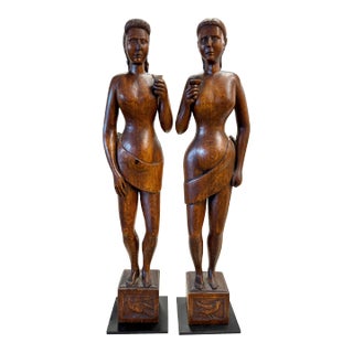 Carved Oak Folk Art Figures - Set of 2 For Sale