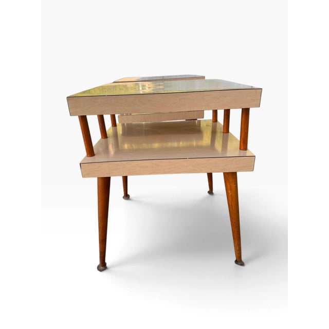 Mid-Century Modern Vintage MCM End Tables Pair Two Tier Formica Tapered Legs Brass Feet For Sale - Image 3 of 8