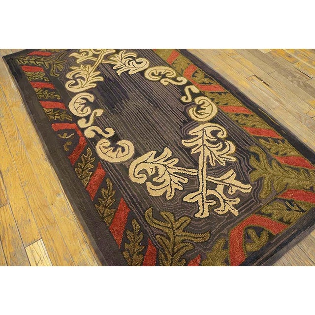 American 1930s Brown Medallion Folk Art Antique American Hooked Rug 2'8" X 4'8" Handknotted Wool Carpet For Sale - Image 3 of 5