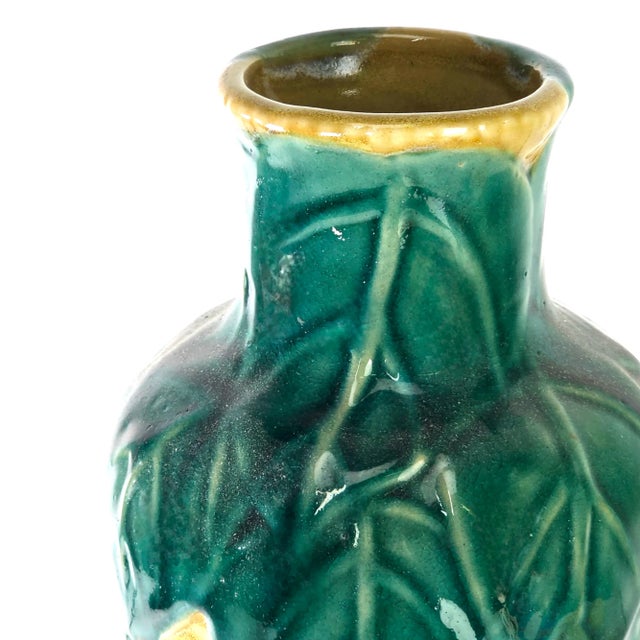 Tall Ceramic Dark Green Yellow Flower Vase For Sale - Image 4 of 9