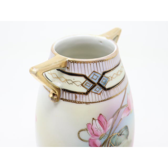 Antique Art Nouveau Porcelain Vase With Hand-Painted Floral and Gold Decoration For Sale - Image 4 of 12