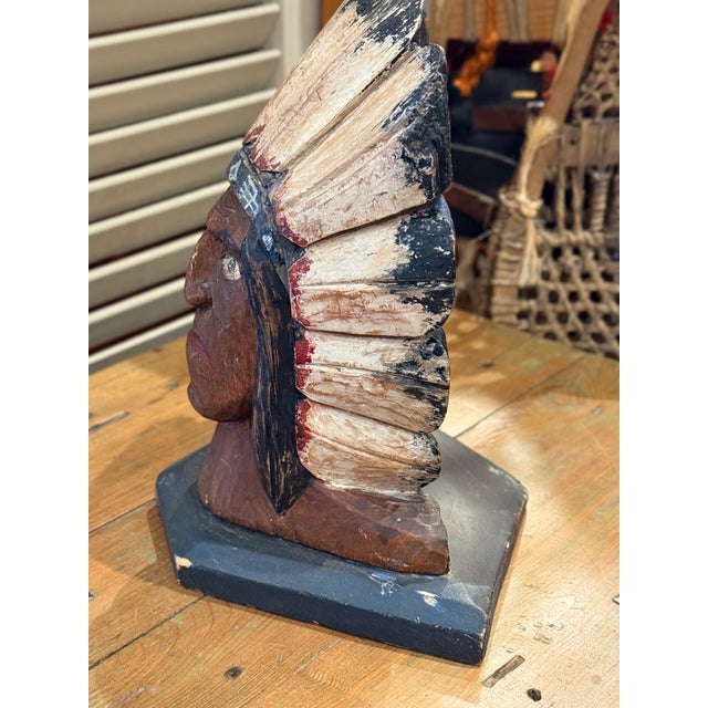 1920s Folk Art Carved Native Chief Doorstop Polychrome Painted Wooden Sculpture For Sale - Image 6 of 7