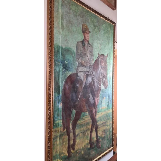 Large oil on canvas portrait, depicting man in uniform of 'Alpino on horseback with background the countryside. Signed at...