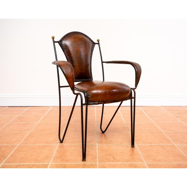 1950s Mid-Century Modern Sculptural Leather Armchair in Iron and Brass from Jacques Adnet, 1950s For Sale - Image 5 of 18