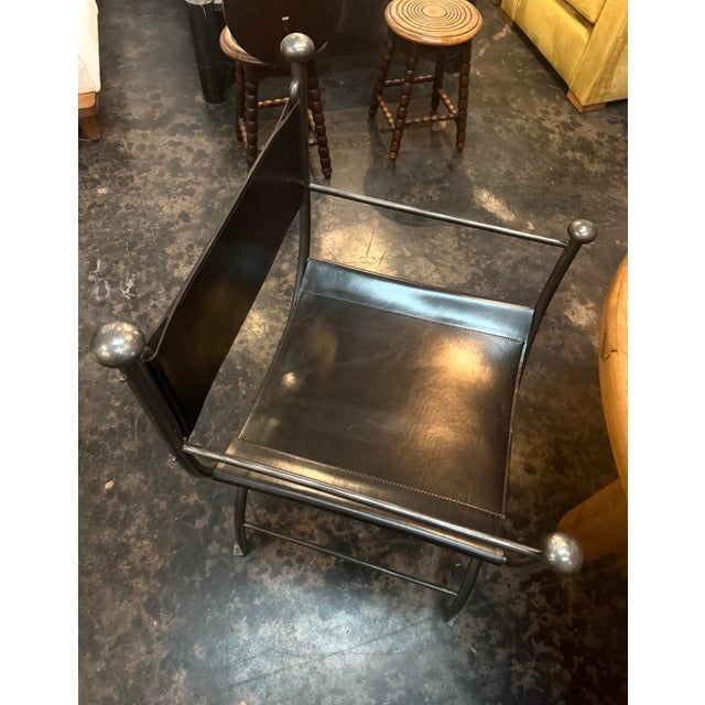 Iron & Leather Curule Armchairs — Set of Four, Sold in Pairs or as a Complete Set For Sale - Image 10 of 12