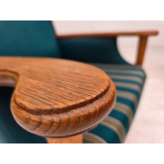 Brown Danish Highback Armchair in Turkis-Green Wool and Oak Wood, 1970s For Sale - Image 8 of 18
