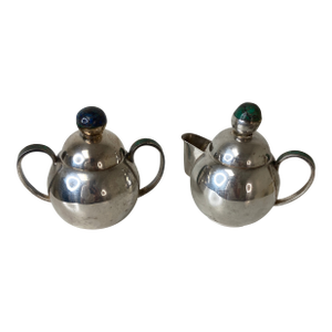 Mid 20th Century Los Castillo Taxco Silverplate Sugar & Creamer With Stone Inlay- 2 Pieces