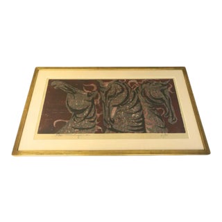 1960s "Three Horses" Figurative Woodblock Print by Tadashi Nakayama, Framed For Sale