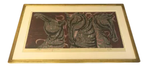 1960s "Three Horses" Figurative Woodblock Print by Tadashi Nakayama, Framed